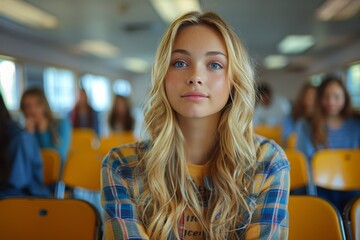 A blonde girl with blue eyes is sitting in a classroom with other students
