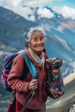 Elderly woman hiker with backpack in mountain landscape. Generative AI image