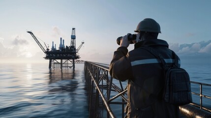 a worker using binoculars to scan the horizon from an oil platform, subtly highlighting the vast expanse of the sea and the industrious nature of offshore operations.