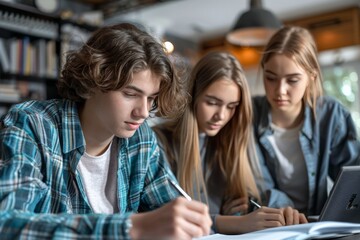 Three young people are sitting at a table in a library