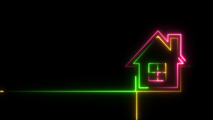 Neon home icon, shiny symbol. House, home building. Glowing House simple icon, sign. Neon home panoramic. Social media communication concept