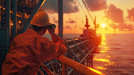 a worker using binoculars to scan the horizon from an oil platform, subtly highlighting the vast expanse of the sea and the industrious nature of offshore operations.