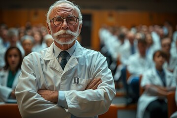 Fototapeta premium A man in a white lab coat stands in front of a crowd of people