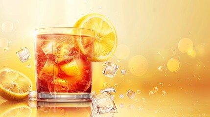 negroni cocktail, illustrator, 2d vector, lemon garnish, ice cube in glass, light yellow background