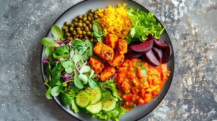 a food plate, a red rice, yellow dhal curry, finely chopped leafy greens salad, chicken curry, green beans, and beetroot curry, the culinary richness and balance of the meal.