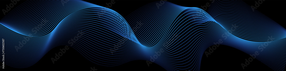Poster Vector wavy lines smooth curve flowing dynamic blue gradient light. Blue abstract lines. Sound waves on black background for your design. Vector EPS 10