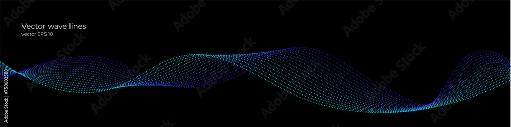 Poster vector wave dynamic music lines. blue-violet abstract lines. sound waves on black background for you