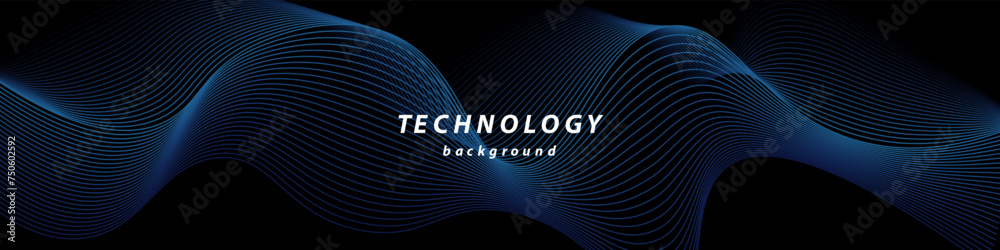 Poster Vector wavy lines smooth curve flowing dynamic blue gradient light. Blue abstract lines. Sound waves on black background for your design. Vector EPS 10