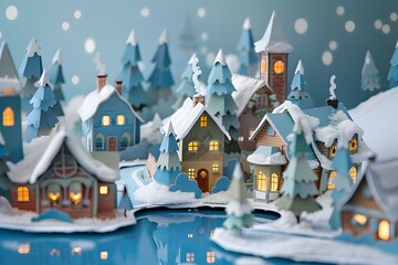 Charming Paper Snow Village by the Lake during Winter