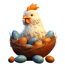The Easter hen sits in a nest on decorated eggs on the transparent background in the style of 3D illustration.