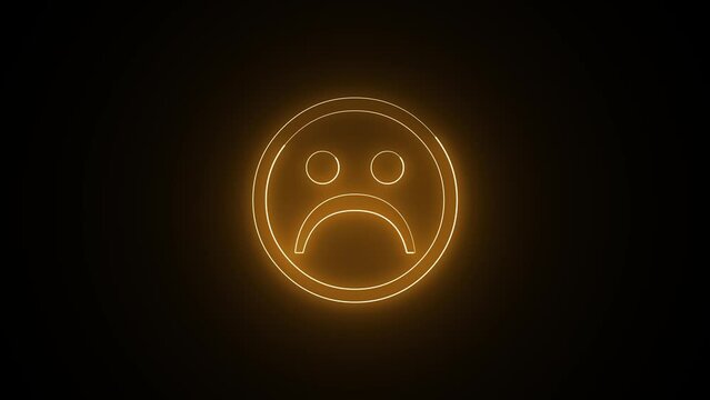 Neon glowing sad smile sign animation isolated on black background. 4K Video motion graphic animation.