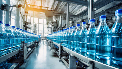 Bottling line or bottling plant of drinks in blue transparent plastic bottles in a factory. Generative Ai.