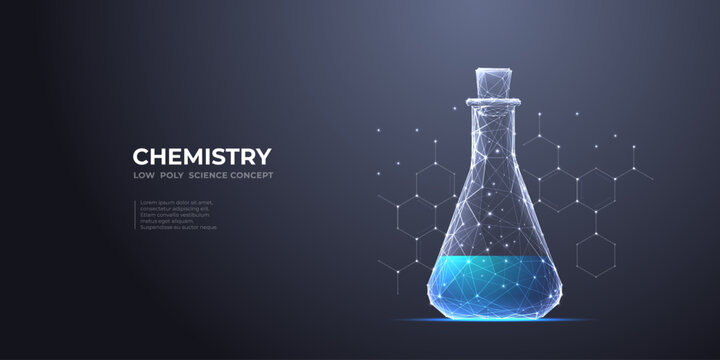 Chemistry glass lab flask with chemical blue liquid. Science beaker on chemical formula on dark background. Digital laboratory tube. Science and lab concept. 3D vector polygonal 3d illustration.
