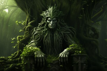 Dragon emerging from tree trunk in mystical journey, shamanic meditation, and exploration