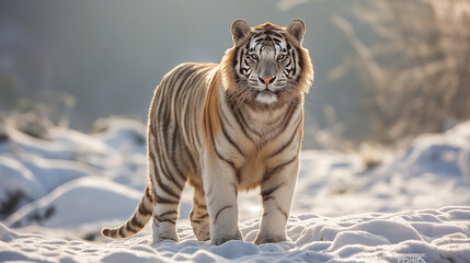 Fototapeta na wymiar A white tiger with blue eyes standing in the snow. 
