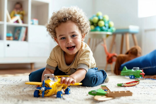 Young Child Playing With Toys on the Floor.