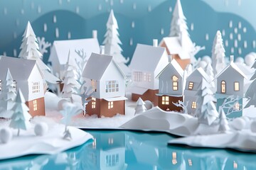 Paper Village Winter Scene with Floating Structures