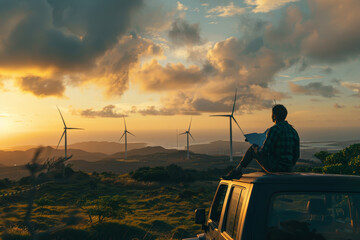 Engineer controlling wind turbines farm