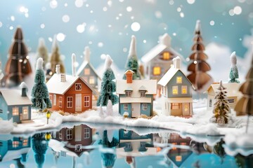 Winter Christmas Village on Snow Coves with Dreamlike Cityscapes