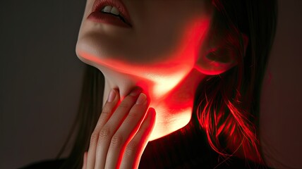 a beautiful brunette woman as she delicately touches her red and sore throat, conveying the sensation of pain and discomfort with empathy and realism.