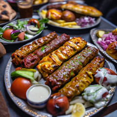 variety of Turkish kebab with roasted tomatoes, roasted peppers, onions and pita bread on...