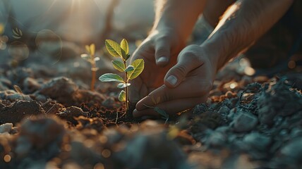 a young man delicately plant a seedling, symbolizing hope and growth.