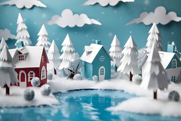 Paper Cut Snowy Holiday Village - obrazy, fototapety, plakaty