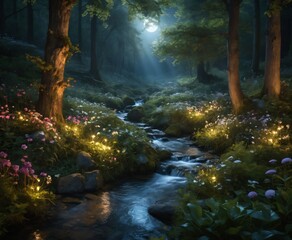 a stream running through a lush green forest filled with flowers and trees at night