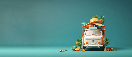 Funny retro car with surfboard, suitcases and palms. Unusual summer travel 3d illustration. Summer vacation concept.generative ai..