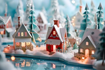 Soft Focus Papercut Christmas Village on Water