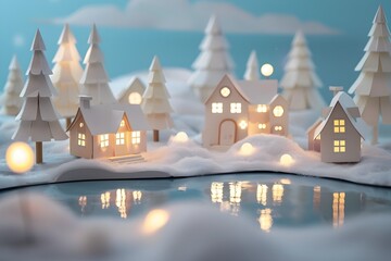 Fototapeta na wymiar Paper Snow Village with Lights and Sparkling Water Reflections