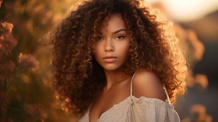 Portrait of a cheerful young african american woman outdoors. Beauty Fashion model. Black woman face and beautiful voluminous hair. Afro american girl. Beauty skin female face. Healthy hair. - obrazy, fototapety, plakaty