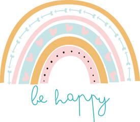 cute vector rainbow in scandi pastel shades, clouds with  hearts, raindrops, kawaii adorable for girl, delicate drawings boho in simple flat style