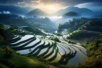 Tuinposter a rice terraces with water in the mountains © Eduard