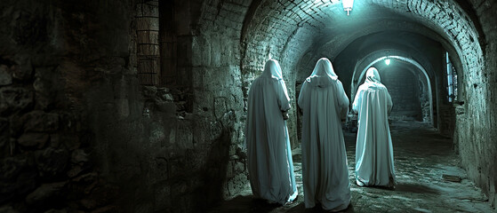 A line of nuns women in white robes walking through a dark tunnel