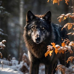 canadian black wolf in a snowy forest looking at camera. Canis lupus. Wild animal in nature. Beautiful portrait of a wolf