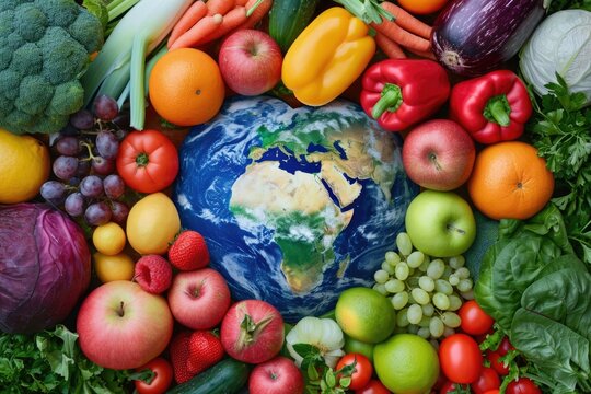 a vibrant heart-shaped globe surrounded by various fruits and vegetables, the connection between nutrition and well-being.