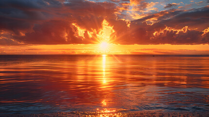 Obraz premium A photo featuring the sun peeking above the distant horizon, casting a golden glow across the calm waters of the sea. Highlighting the peaceful serenity of the early morning and the majestic beauty of