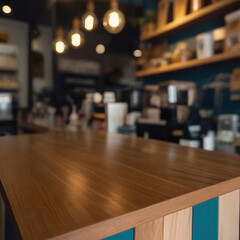 Empty wooden table and Coffee shop on blurred cafe shop with lights