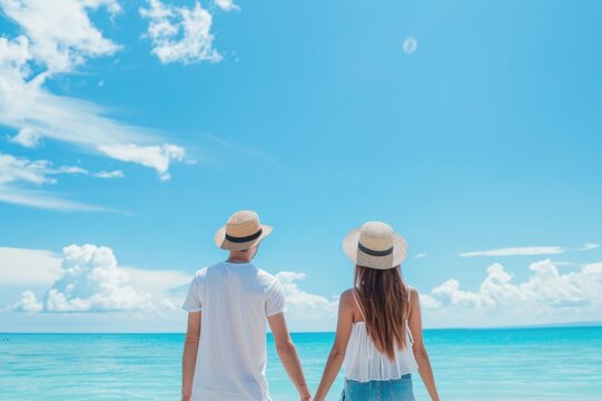 beautiful couple holding hands at summer season with white beach and blue sky background
