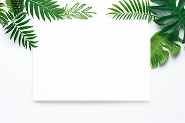 A fresh and exotic composition incorporating tropical leaves around a clean white central area perfect for content