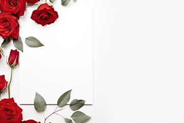 A romantic and striking image of red roses with green leaves framing a blank white space for text or images
