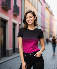 Obraz na płótnie Canvas a young woman with fair skin and shoulder-length brunette hair that fades into magenta smiling playfully over her shoulder, wearing a fitted short-sleeved black top and high-waisted black jeans.