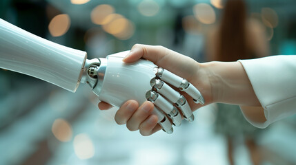 Woman shake hands with artificial intelligence robot