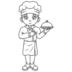 Cartoon little boy chef holding a silver tray
