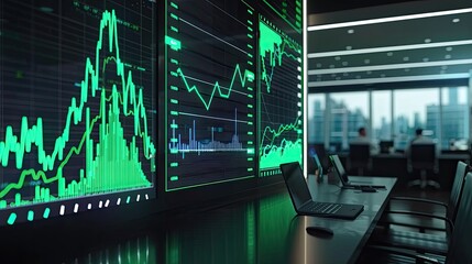a financial office with a close-up shot, focusing on large digital screens displaying vibrant green stock charts indicating upward trends.