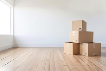 Moving boxes in an empty room symbolize a fresh start in a new location - obrazy, fototapety, plakaty
