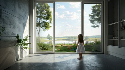 a country house, focusing on new modern plastic windows, while a little girl peers through, evoking innocence and curiosity.