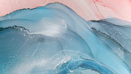 Beautiful background with smudges and stains alcohol ink. Abstract blue, red art with gold.