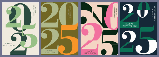 Set Numbers 2025 Year. Happy New Year 2025 and Merry Christmas. Background Numbers in the Green, Black, Pink, Orange Colors. Vector Illustration for Web Banners, Social Media Posts, Posters.